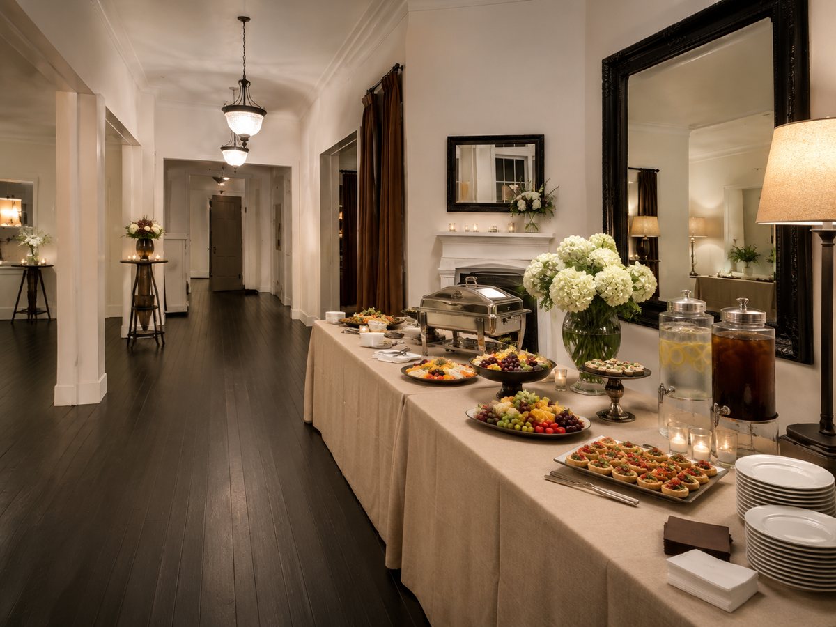 The serving area laid out for a gathering