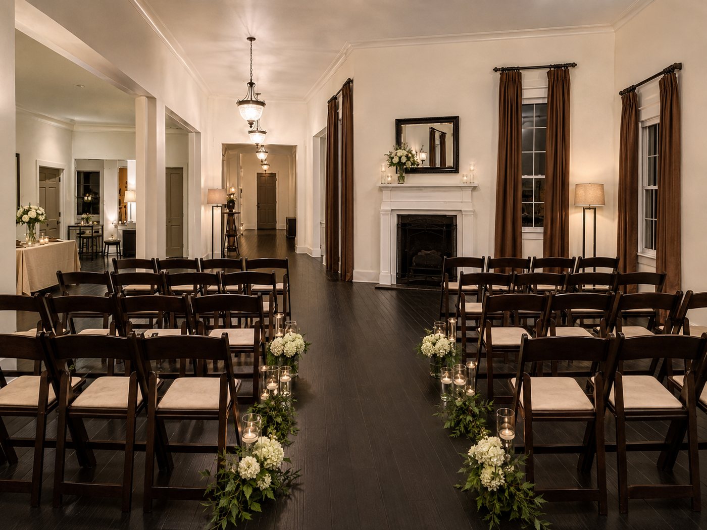 A room at The Mission House set with chairs for a ceremony