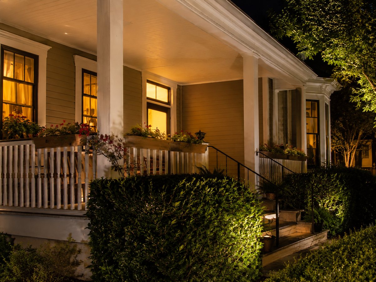 The porch and railing at night